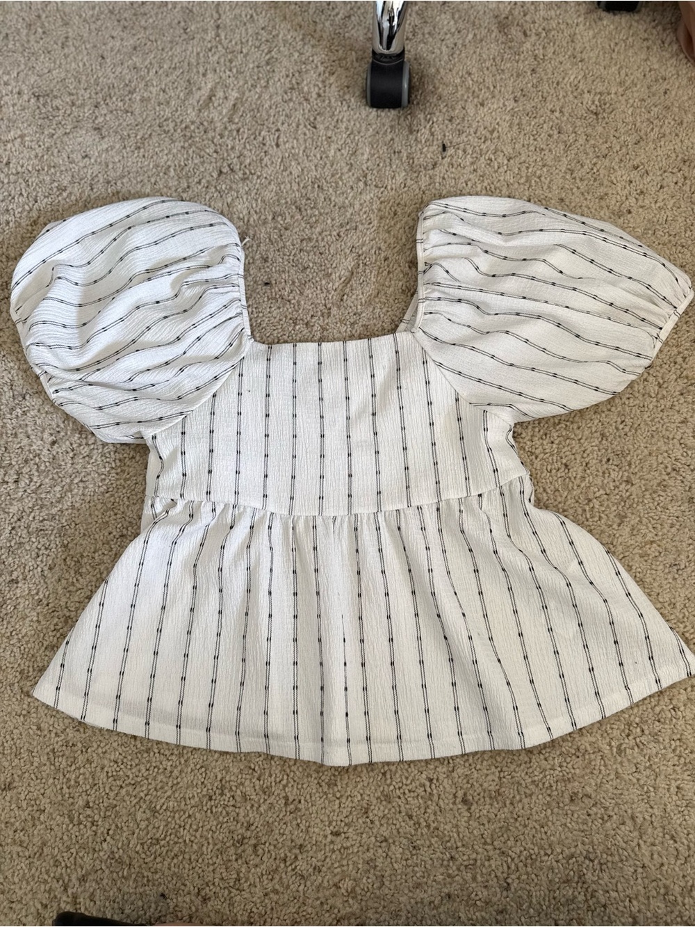 Madewell White Striped Square Neck Puff Sleeve Top